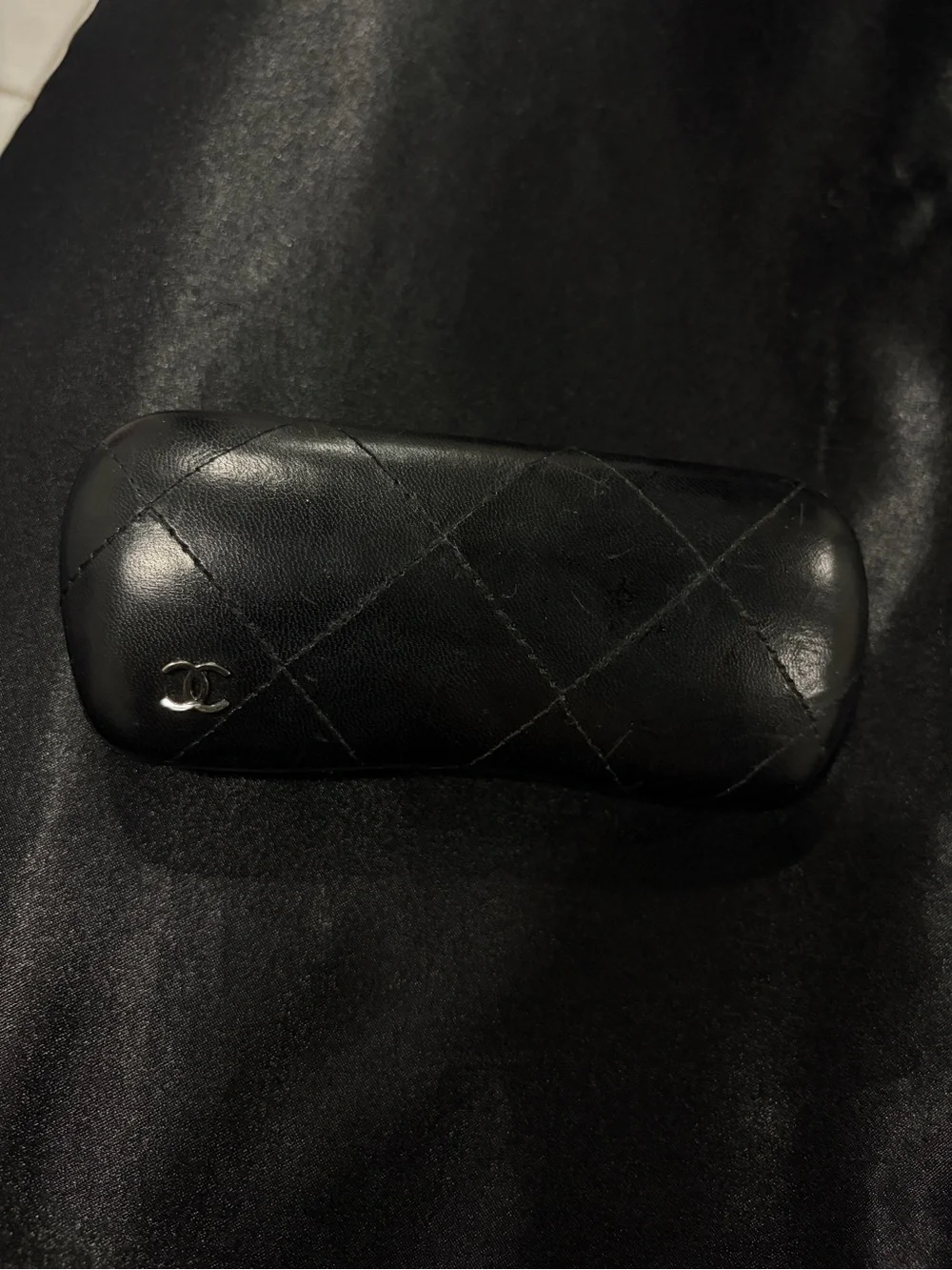 CHANEL Black Quilted Leather Glasses with Silver CC Emblem